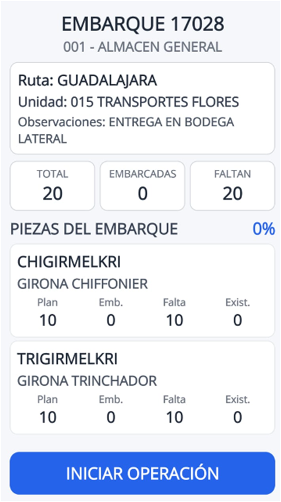 Pantalla real de SISPLANER: Embarques desde el celular