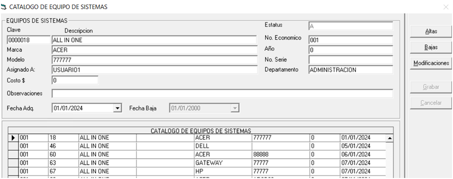 Pantalla real de SISPLANER: Control de equipos de cómputo