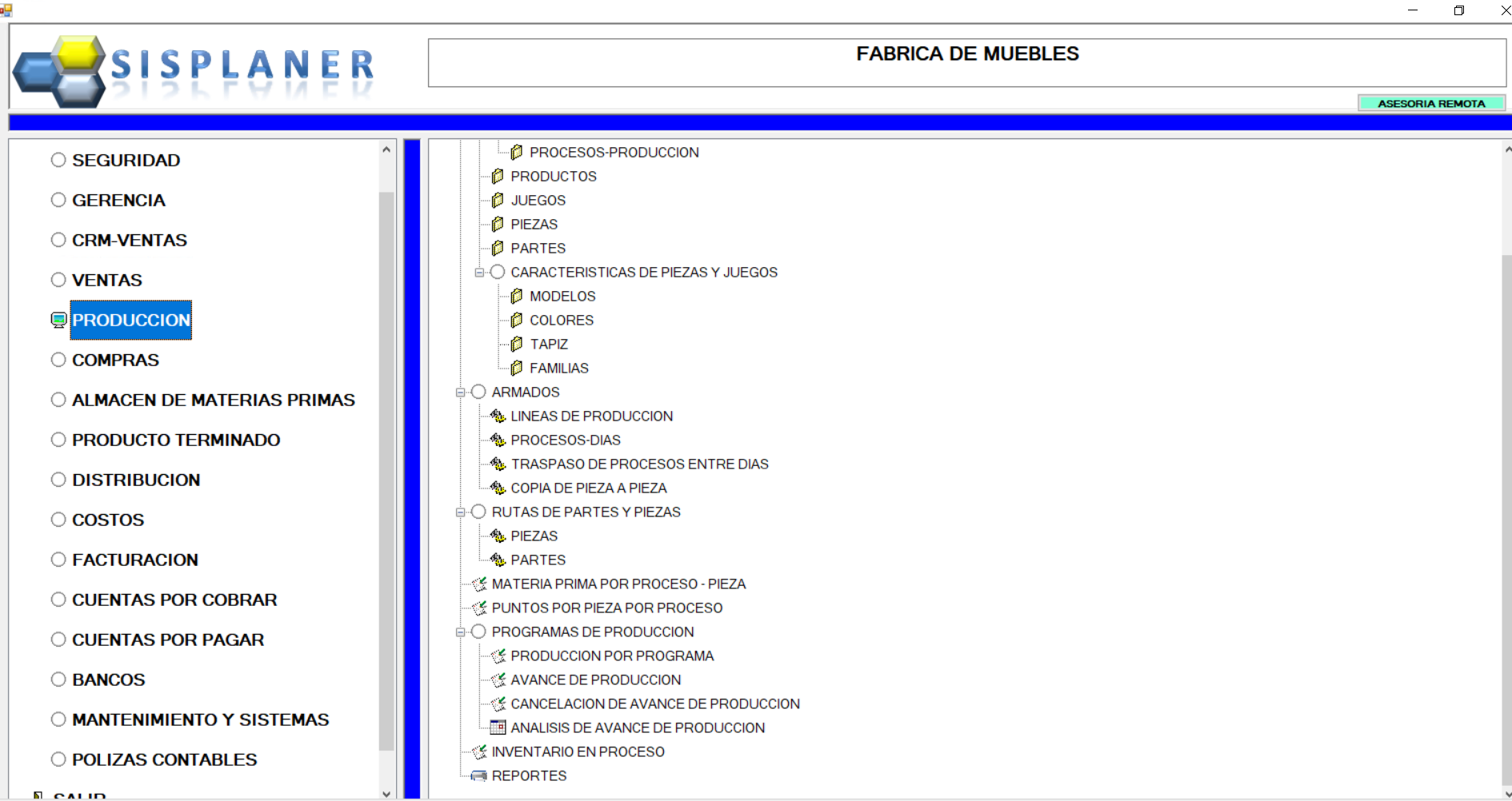 Menú de SISPLANER con gerencia, CRM, ventas, producción, compras, almacenes, distribución, costos, facturación, cuentas, bancos, mantenimiento y sistemas, y pólizas contables